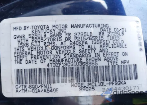 2001 Toyota Sienna Le/Xle z USA, uszkodzony, nr VIN 4T3ZF13C31U368865